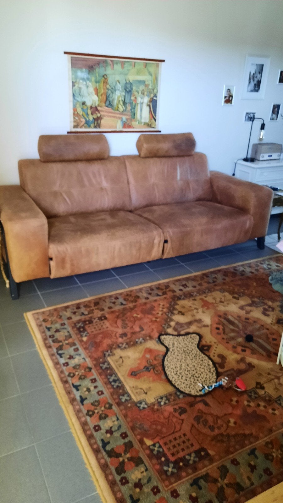 Lederen 3 zit relax, kleur cognac, Huis en Inrichting, Zetels | Voetbanken en poefs, Gebruikt, 75 tot 100 cm, 125 cm of meer, Leer