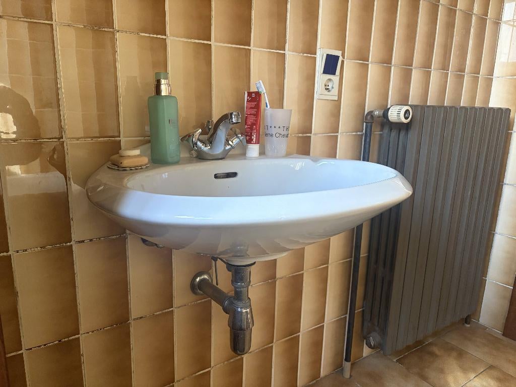 Vintage porseleinen wastafel jaren 80 + kraan, Doe-het-zelf en Bouw, Sanitair, Ophalen, Gebruikt, Chroom, Kraan