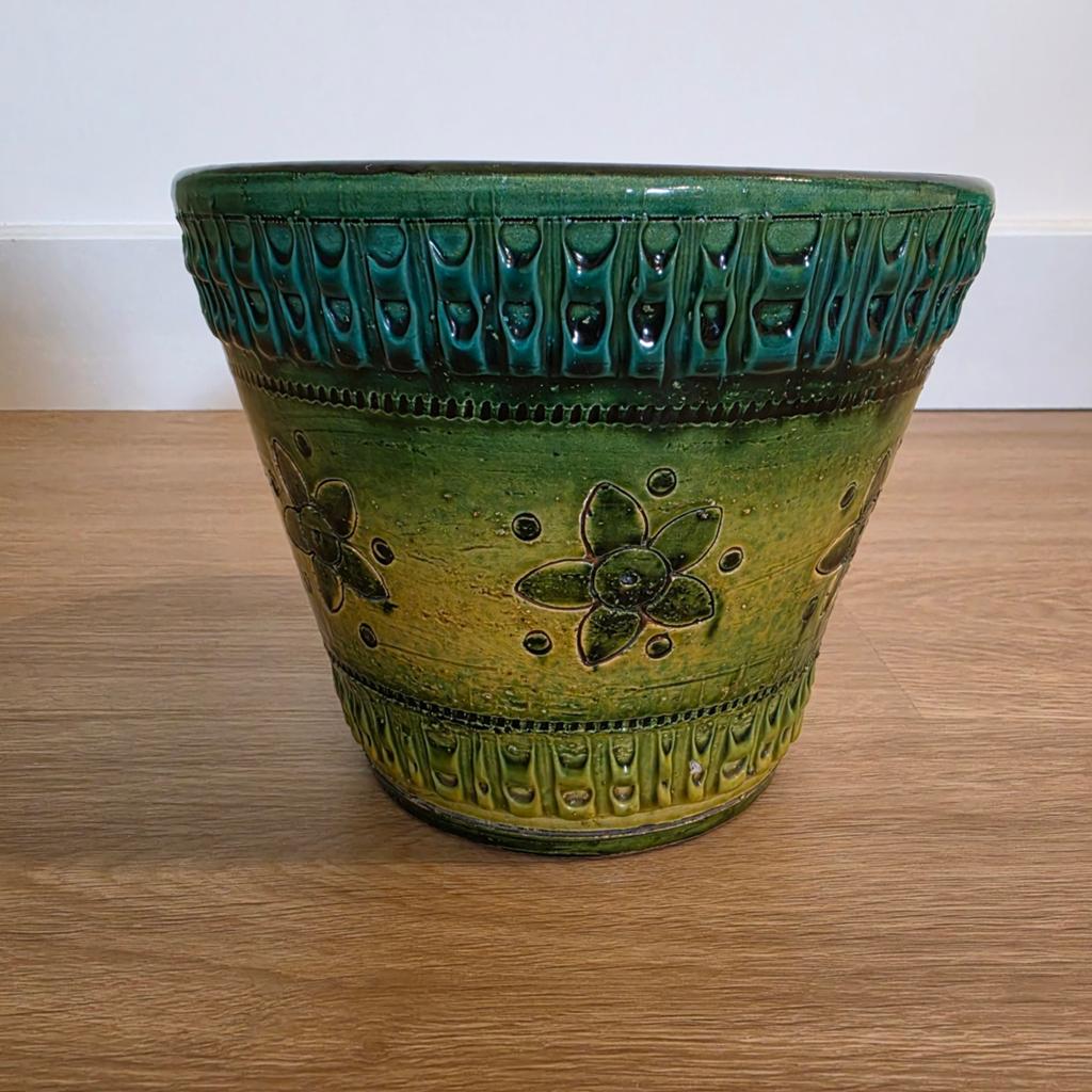 Vintage bloempot groen geel handgemaakt en gesigneerd, Enlèvement ou Envoi