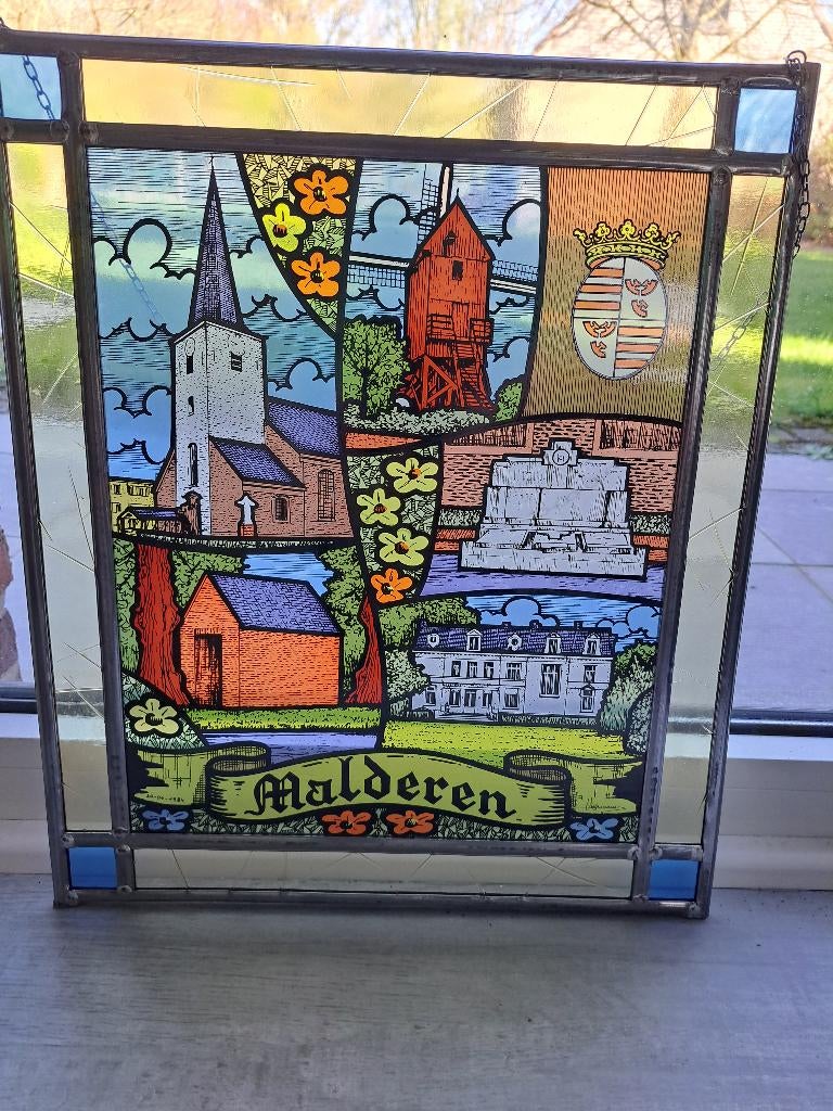 Gebrandschilderd glas in lood raam, Doe-het-zelf en Bouw, Glas en Ramen, Ophalen, Minder dan 80 cm, Zo goed als nieuw, Glasplaat
