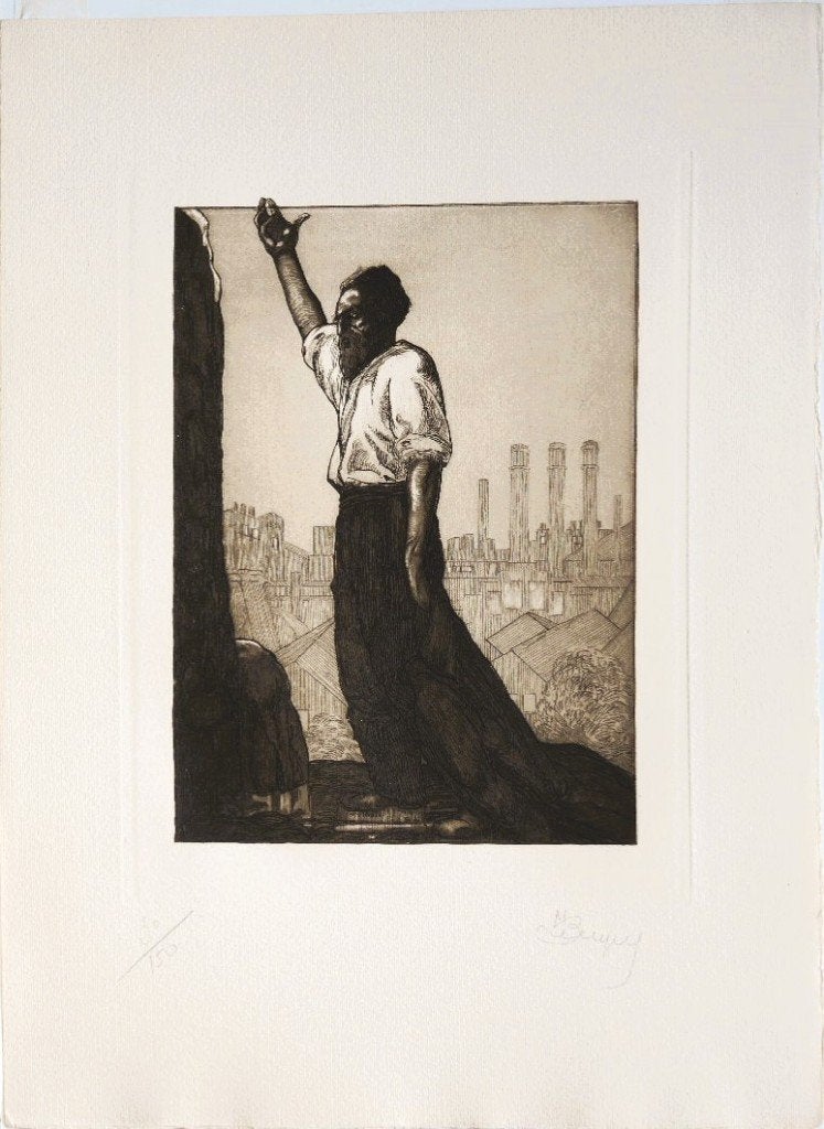 Maurice de Becque ets "Fabrieksarbeider in Betoog", 30/150, Antiek en Kunst, Ophalen, Dagelijks leven, Ets, Genummerd