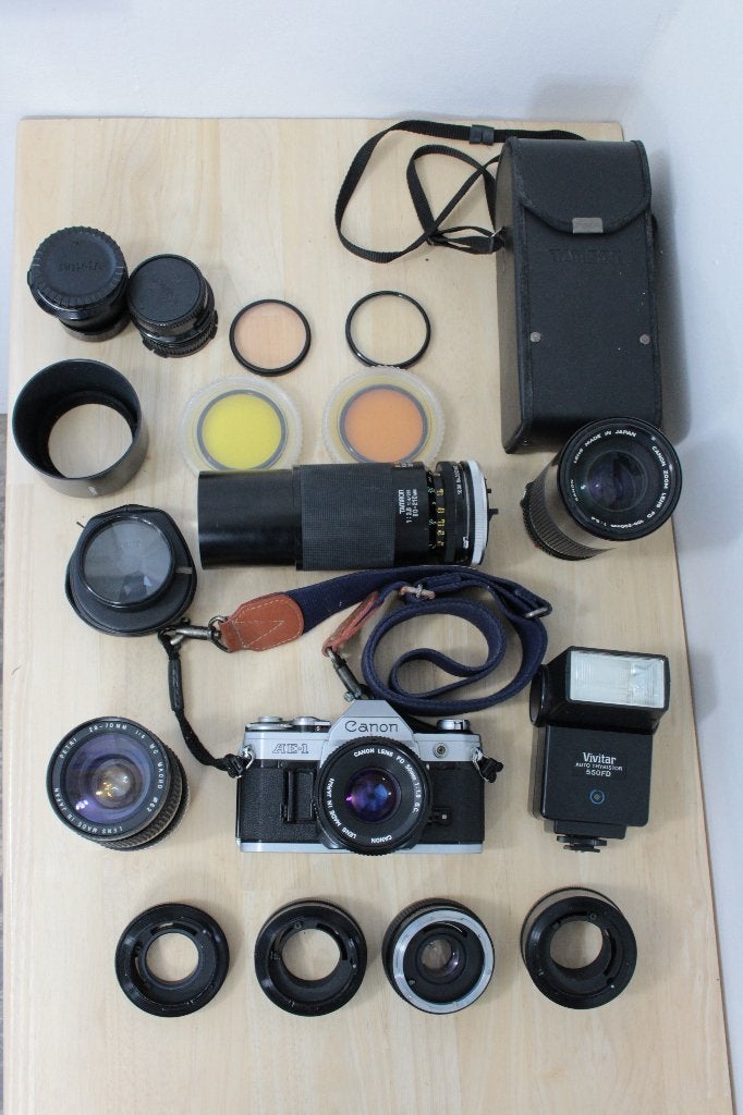 Prachtige Canon AE-1 set met 4 lenzen, macro-ringen, flitser, Audio, Tv en Foto, Ophalen of Verzenden, Gebruikt, Spiegelreflex
