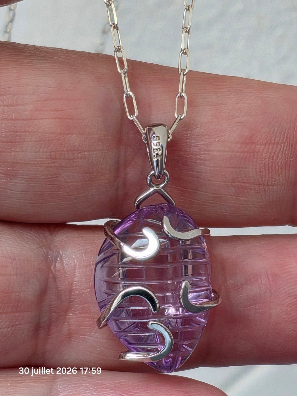Sterling zilveren hanger met uitgesneden amethist uit Brazil, Handtassen en Accessoires, Kettinghangers, Nieuw, Zilver, Zilver