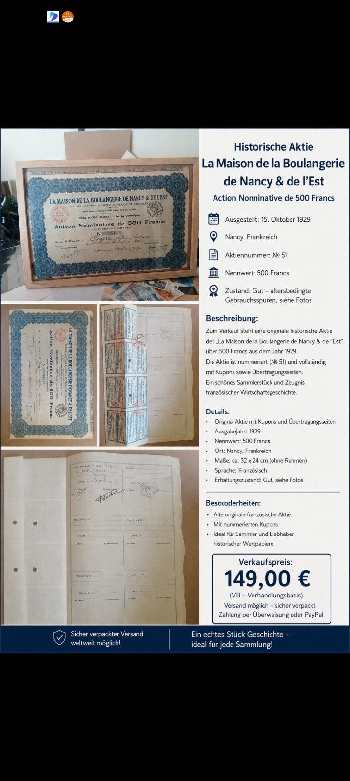 boulangerie, Postzegels en Munten, Aandelen en Waardepapieren, Ophalen of Verzenden