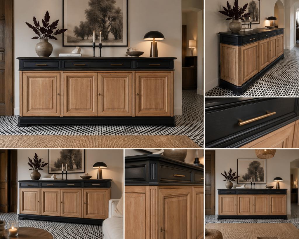 Massief design dressoir – Belgisch Aurora zwart/naturel, Huis en Inrichting, Kasten | Dressoirs, Ophalen, Kersenhout