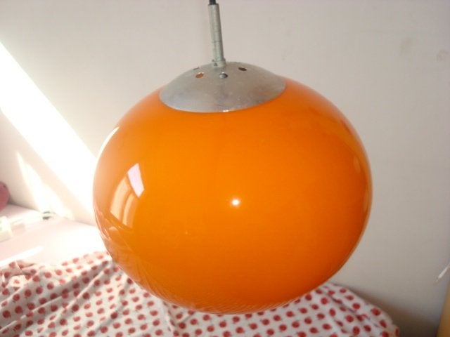 Lustre Opaline orange, Huis en Inrichting, Lampen | Plafondlampen, Gebruikt, Plafondlamp, Oranje, Glas, Vintage, Inclusief lichtbron