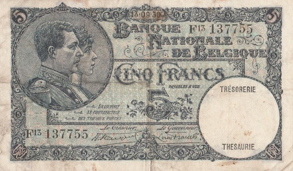 Belgie 13.09.1930 5 Frank, Postzegels en Munten, Bankbiljetten | België, Ophalen, Los biljet