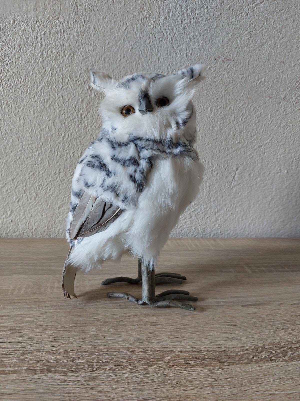 Chouette / Hibou blanc et gris en plumes naturelles - 29 cm, Ophalen of Verzenden, Grijs