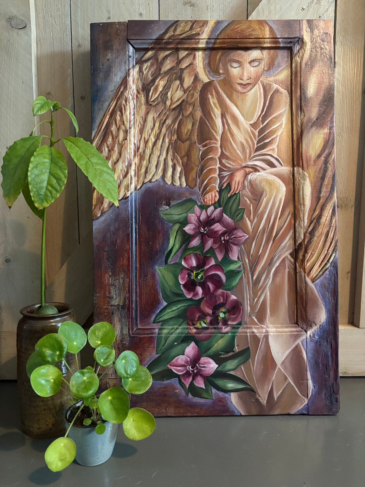 Gerda Donkers '03 – Engelenschilderij op Houten Luik, Paneel, Gedateerd, Olieverf, Ophalen