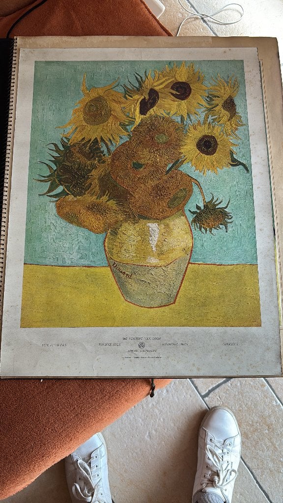 Vintage kunstreproductie van het schilderij Zonnebloemen, Ophalen of Verzenden