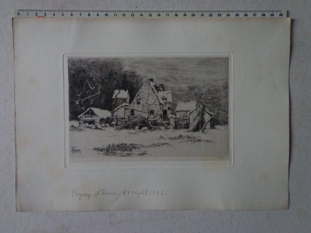 ets van Théo Hannon "Winterlandschap" uit 1876, Antiquités & Art, Art | Eaux-fortes & Gravures, Eau-forte, Paysage, Signé, 1800 - 1899
