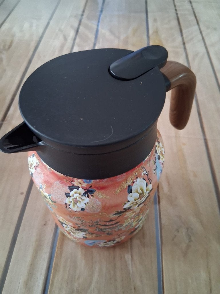 Luxe Vintage Thermoskan met filter - Oranje Bloemenprint, Theepot/fluitketel, Onbekend, Nieuw, Ophalen of Verzenden