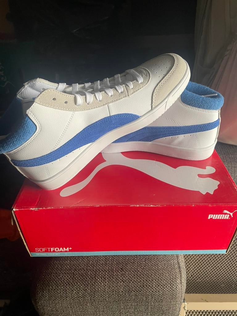 Te koop Puma Retro White/Blue maat 44,5, Vêtements | Hommes, Chaussures, Comme neuf, Enlèvement, Chaussures de sport, Blanc