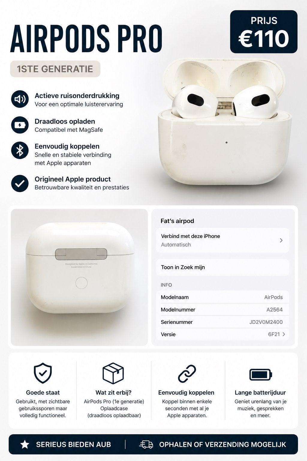 Airpod a vendre dispo maintenant, Ophalen, Zo goed als nieuw