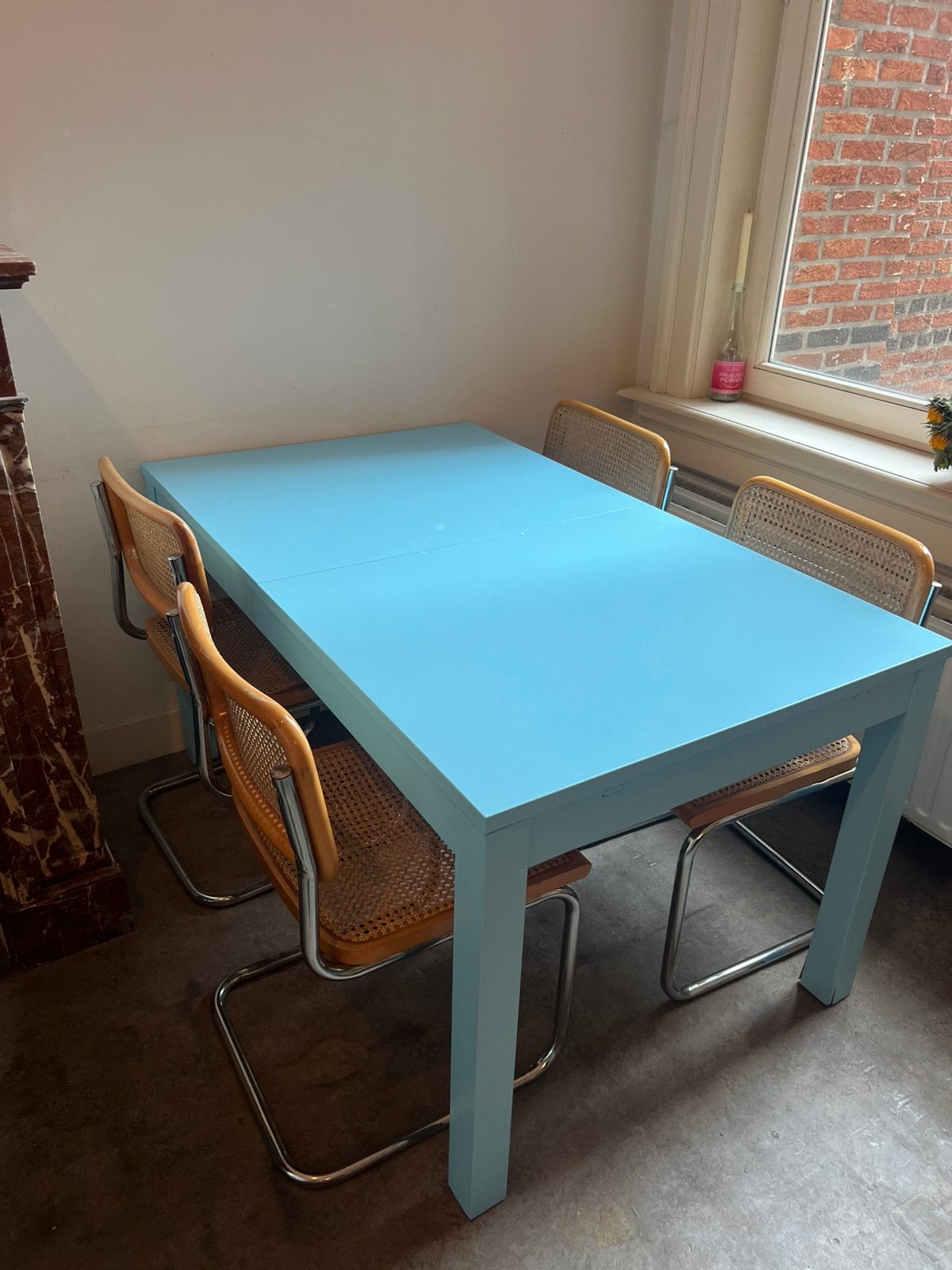 Blauwe eettafel, Huis en Inrichting, Ophalen, Gebruikt, 100 tot 150 cm, 50 tot 100 cm
