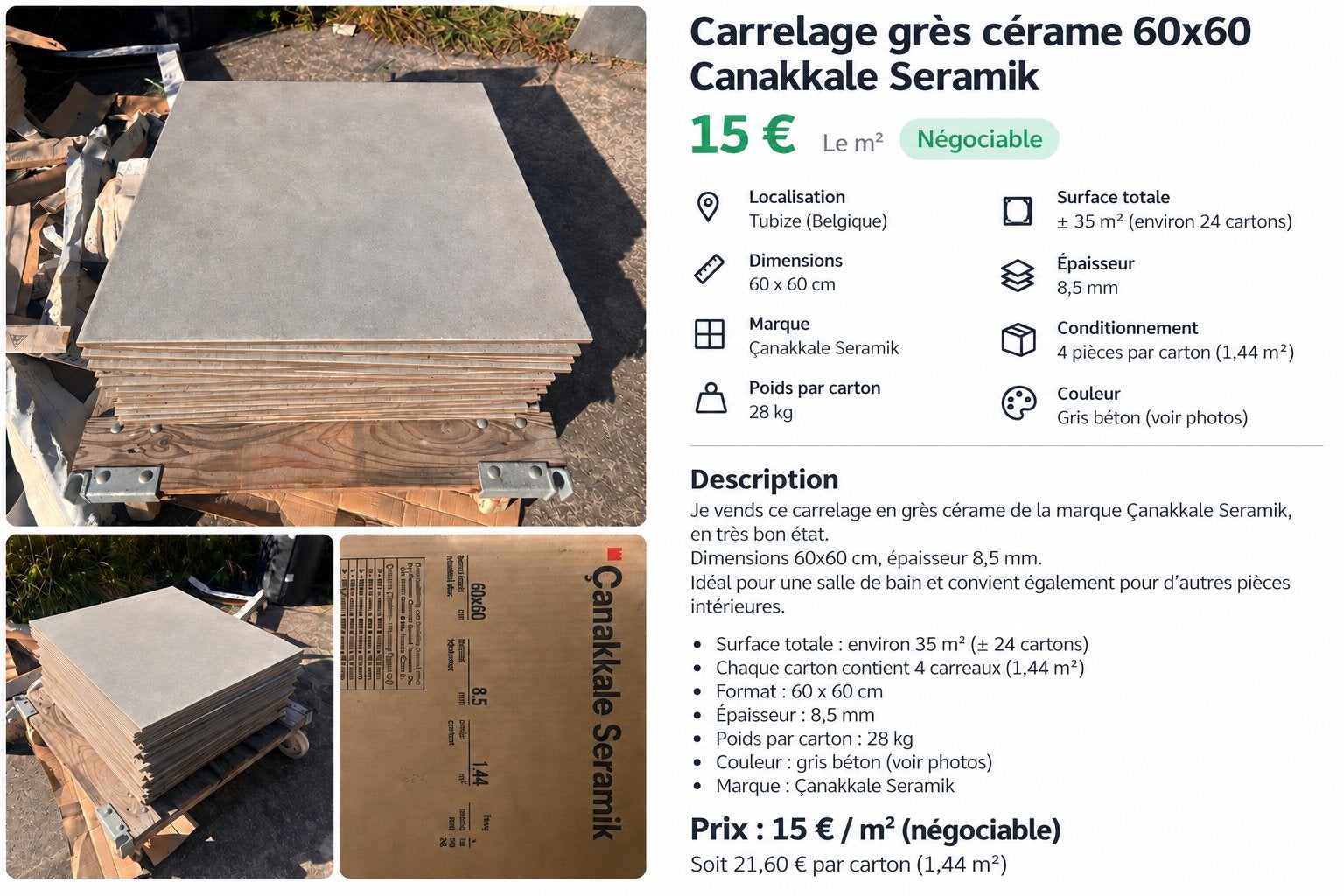 Carrelage grès cérame 6060 cm (8,5mm) – Çanakkale Seramik, Ophalen, Zo goed als nieuw