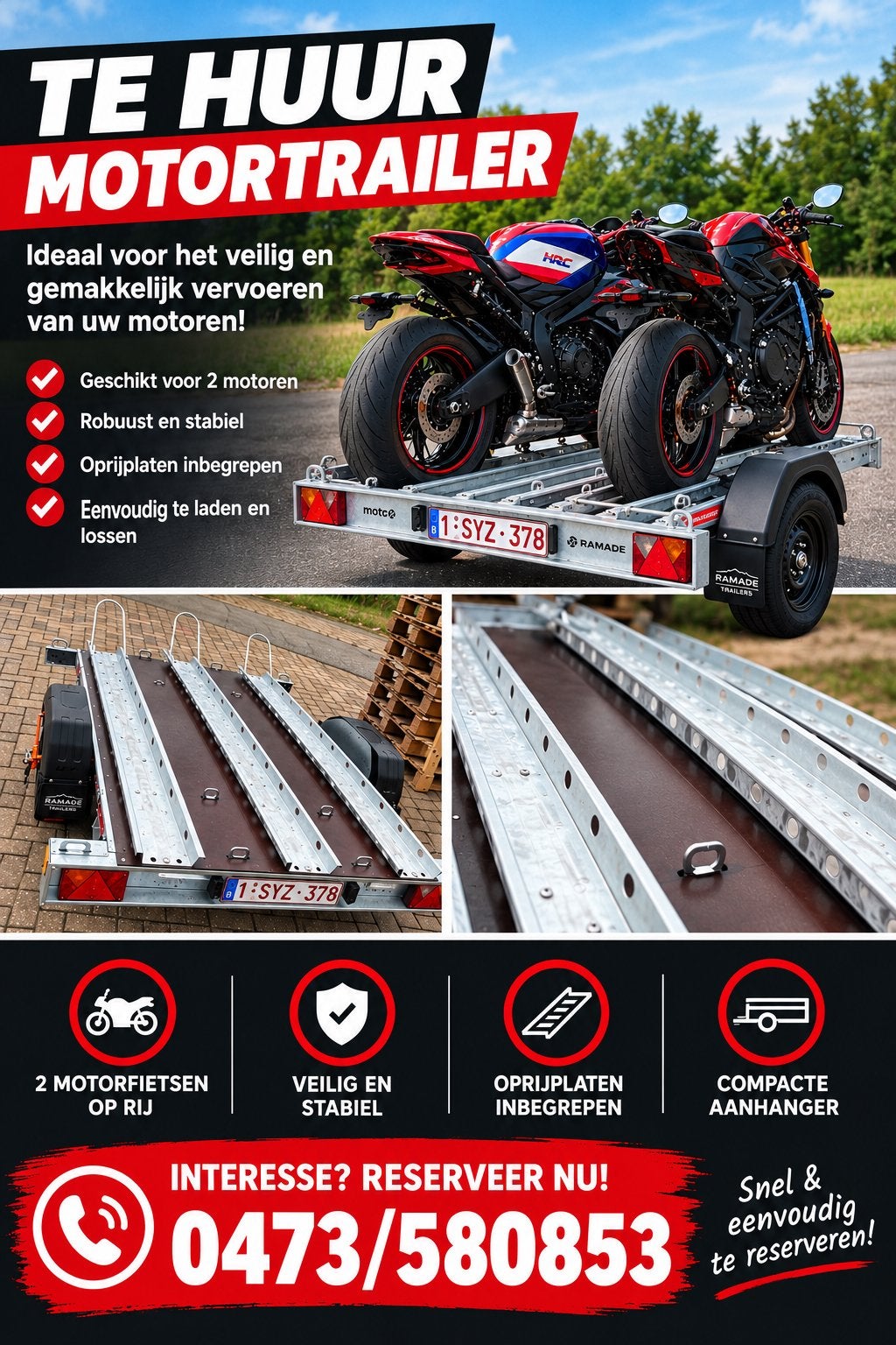 Te huur moto remork, Enlèvement, Comme neuf