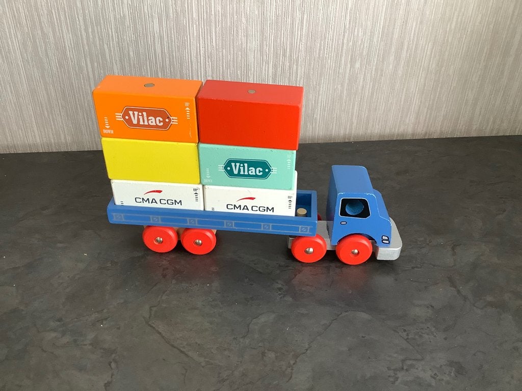 Houten Vilac Vilacity speelgoed containerwagen (14x23 cm), Kinderen en Baby's, Speelgoed |Speelgoedvoertuigen, Ophalen of Verzenden