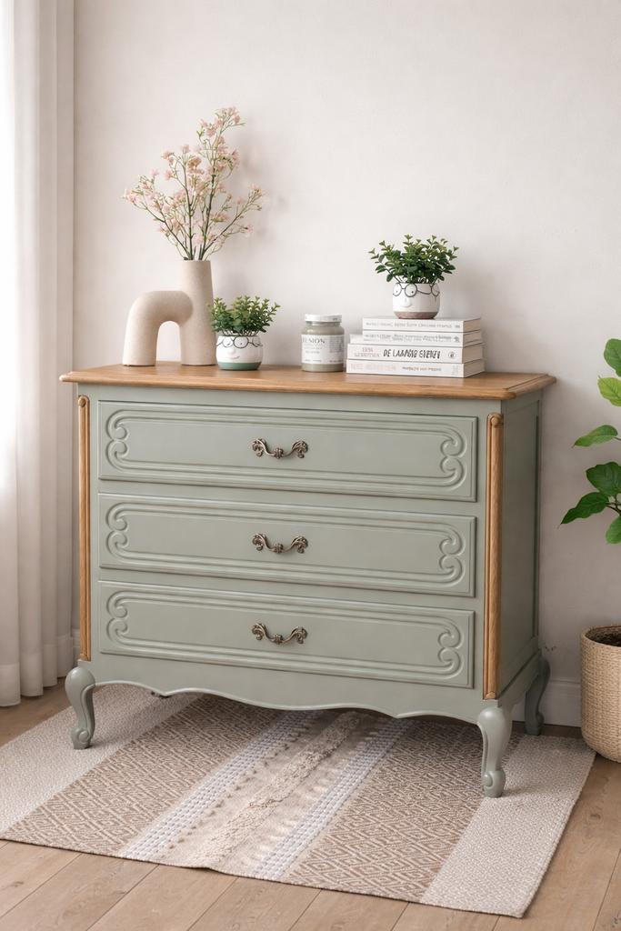 Elegant vintage ladenkastje in saliegroen met houten blad, Ophalen, Zo goed als nieuw