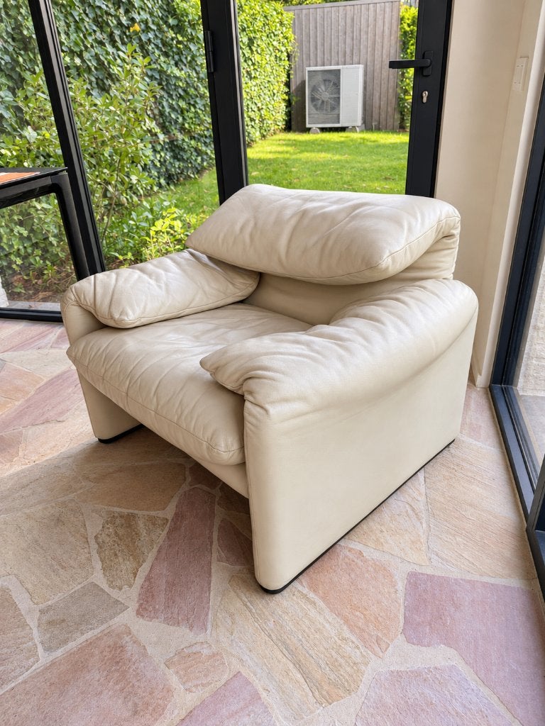 Cassina Maralunga eenzit origineel leder met poef, Ophalen, Gebruikt, Eenpersoons, Leer
