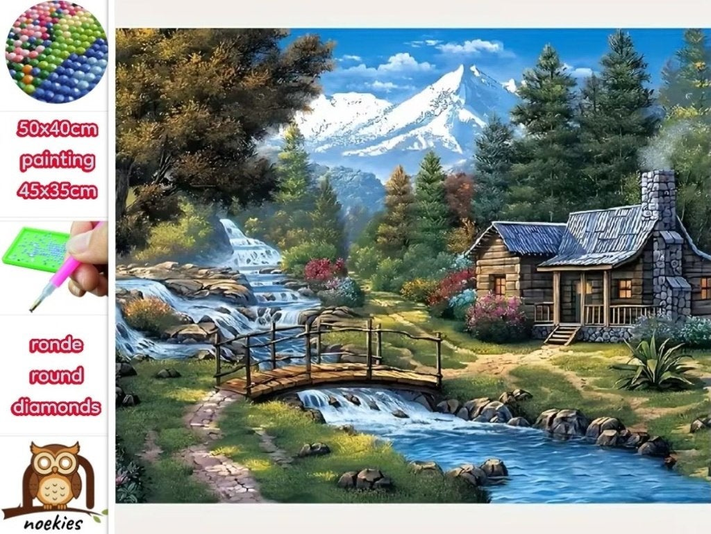 50x40cm Diamond Painting Alpen huisje (rond) nr 82, Verzenden, Nieuw, Meerkleurig, Overige materialen