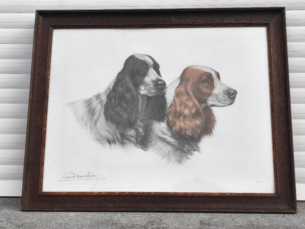 Gravure 2 chien signe Léon danchin, Ophalen of Verzenden, Gravure