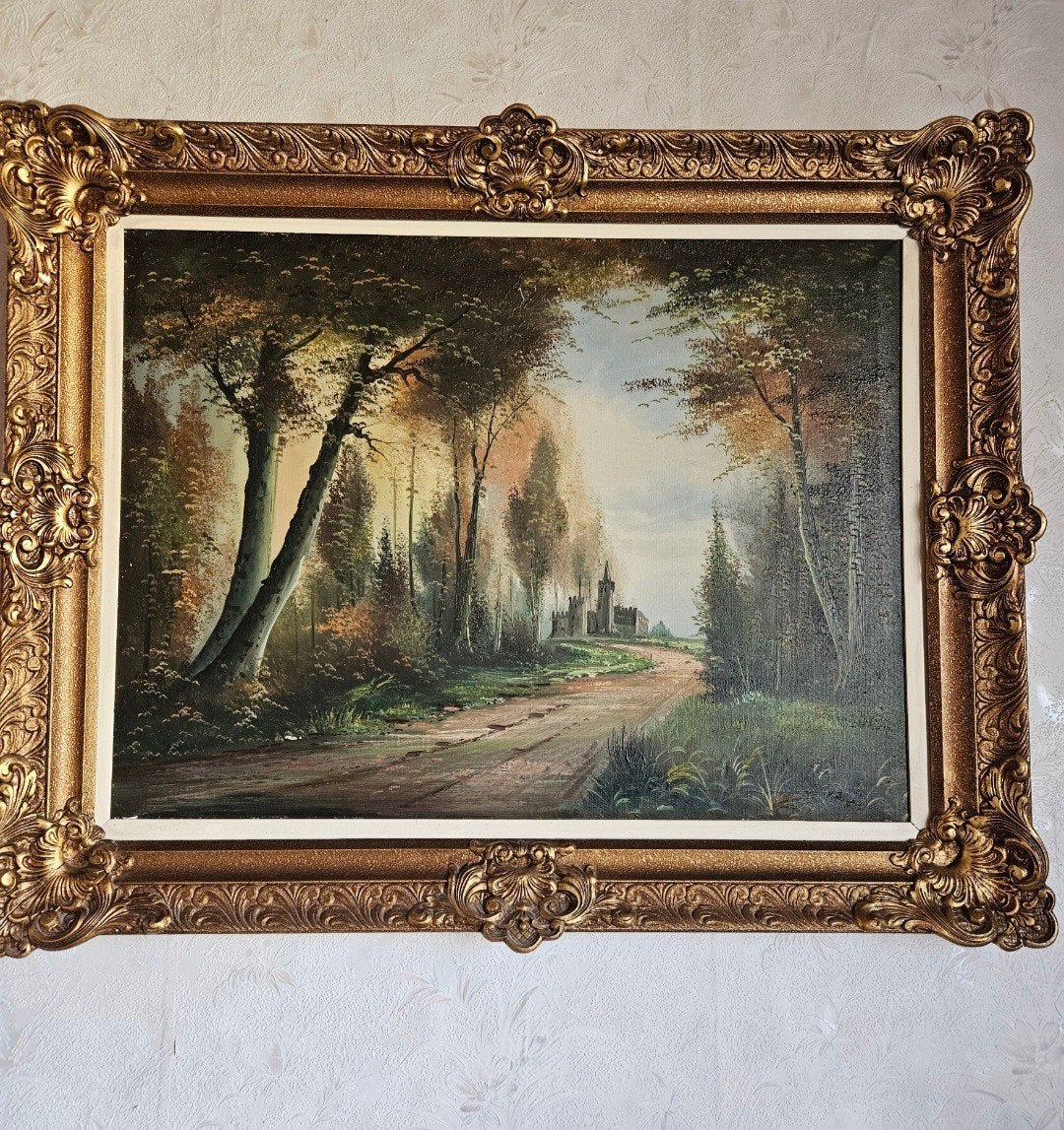 Tableau ancien – peinture à l’huile sur toile, Enlèvement, Paysage, Toile