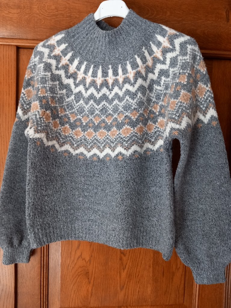 Pull gris - jacquard - col montant - L.M. - taille 32, Envoi, Comme neuf, Gris