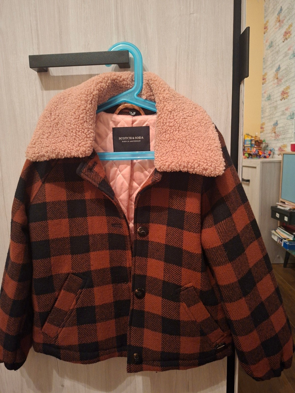 Scotch & Soda Geruite Jas met Teddy Kraag - Maat 128, Enlèvement, Noir