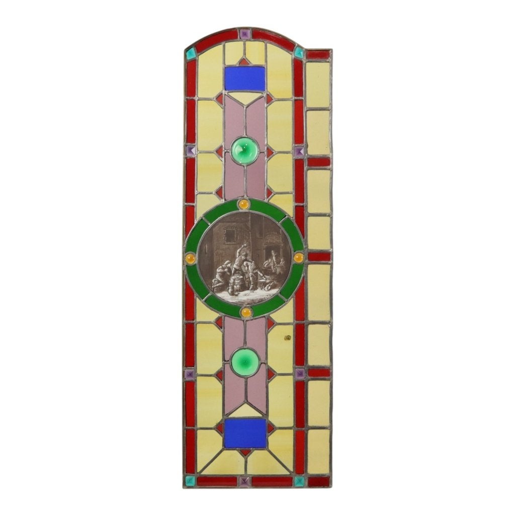 Groot Kleurrijk Glasraam Glas in Lood met Medaillon, Ophalen