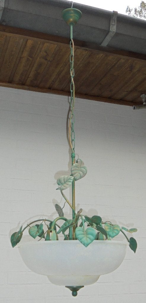 Vintage koperen kroonluchter, Ophalen, Zo goed als nieuw, Glas, E14 (klein)