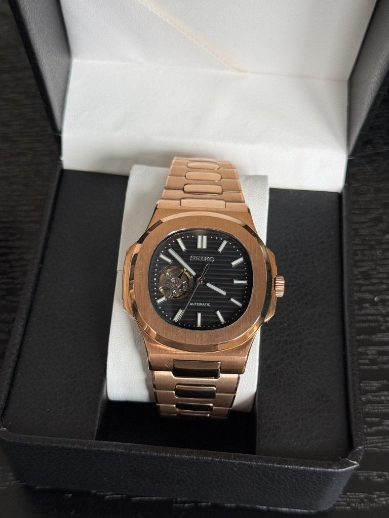Seiko mod – roségoud – zwart open hart – automatisch, Handtassen en Accessoires, Staal, Polshorloge, Ophalen of Verzenden, Zo goed als nieuw
