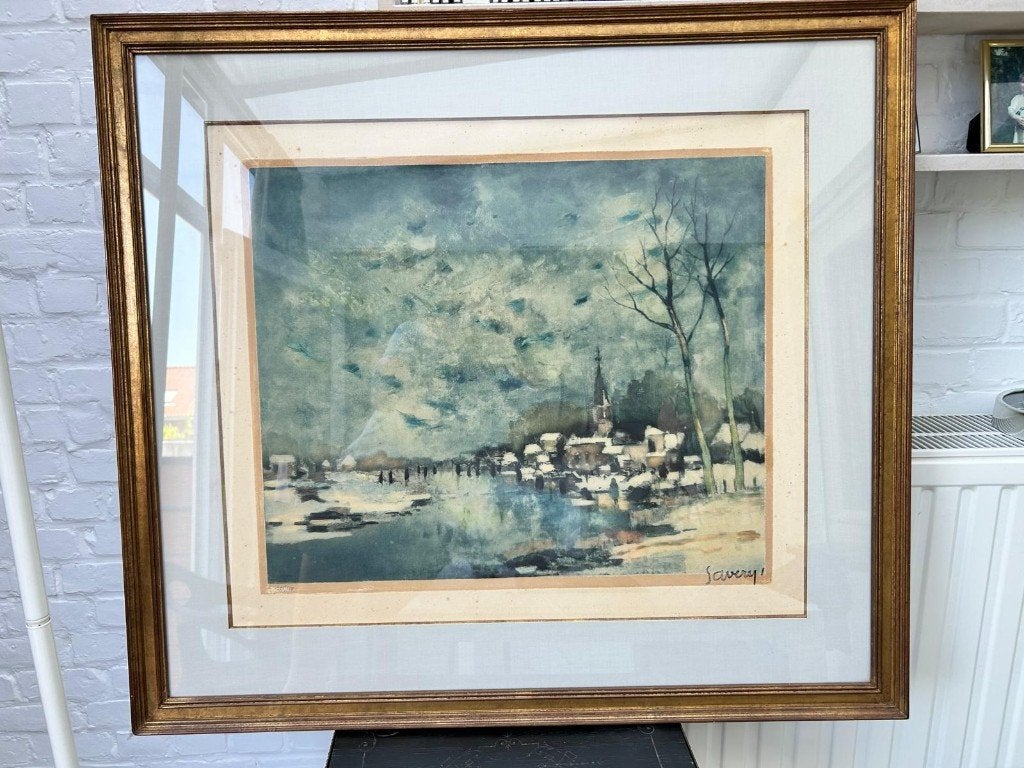 Schaatsers op de Leie - Lithografie door Saverys, Antiek en Kunst, Kunst | Schilderijen | Klassiek, Ophalen, Maritiem / water