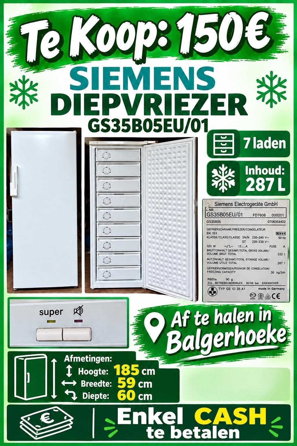 Siemens Diepvries, Moins de 60 cm, Congélateur, 160 cm ou plus, Enlèvement