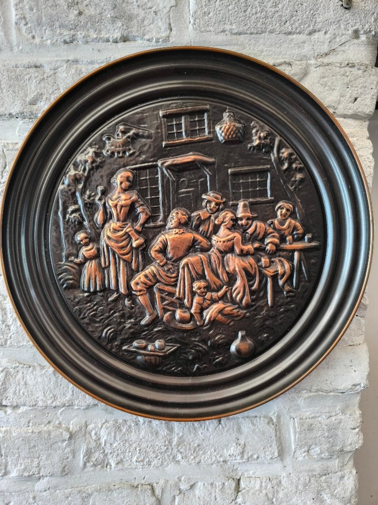 Koperen wandbord reliëf – boeren tafereel, Antiek en Kunst, Kunst | Overige Kunst, Ophalen