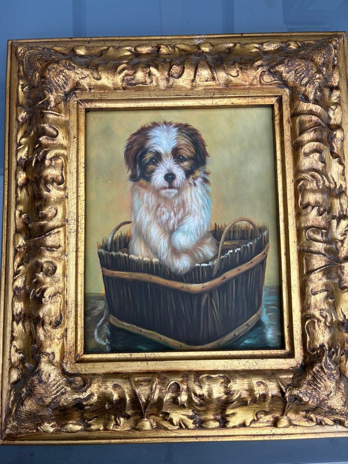 Schilderij van hondje op hout, Enlèvement