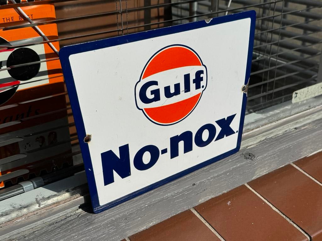 Oud origneel Gulf emaille reclamebord, Verzamelen, Ophalen of Verzenden, Gebruikt, Reclamebord