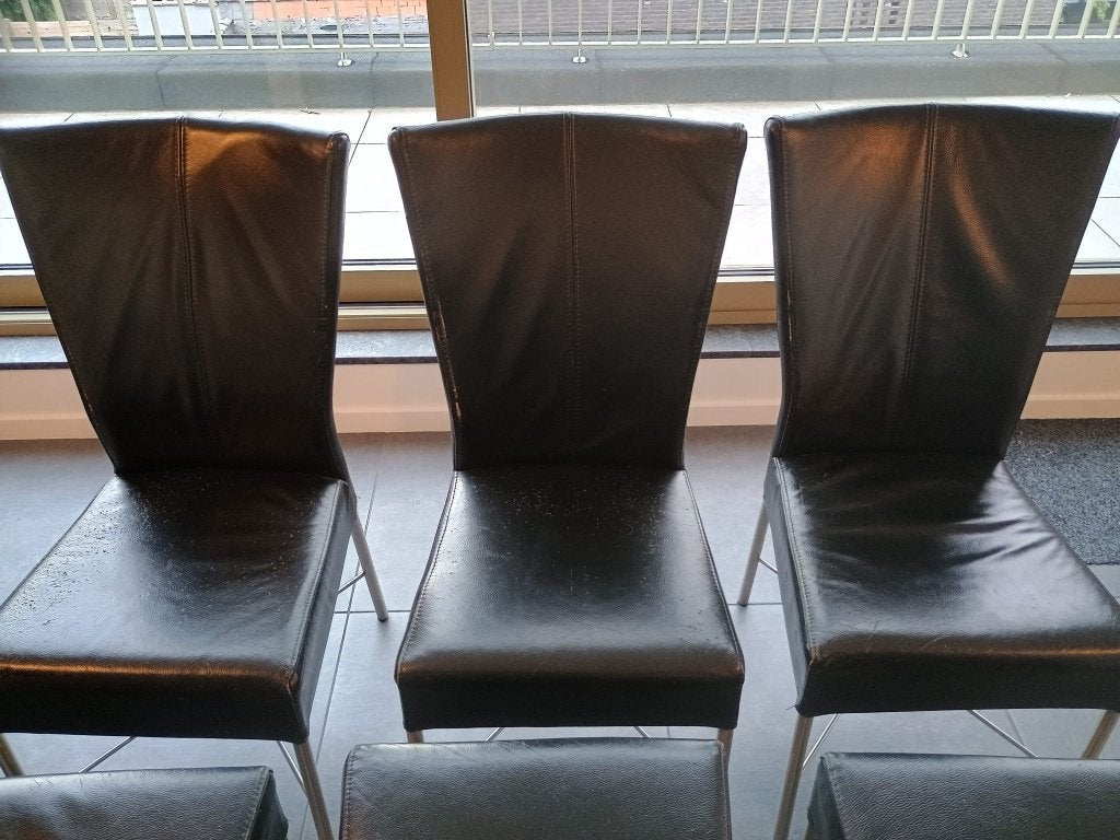 6 zwarte eetkamerstoelen - kunststof, metalen frame, Huis en Inrichting, Stoelen, Ophalen, Kunststof, Gebruikt, Zwart