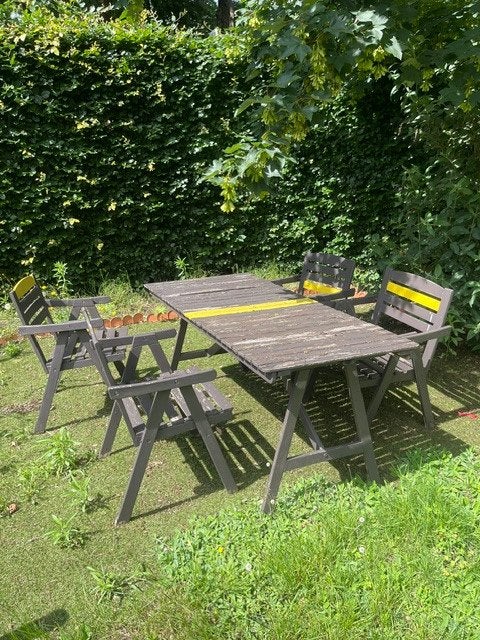 Oude tuintafel zoekt nieuwe tuin!, Tuin en Terras, Ophalen, Gebruikt, Rechthoekig, Hout