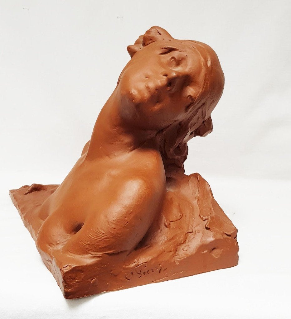 Art Nouveau Terracotta Beeld - Signatuur onleesbaar., Gemerkt, Art nouveau, Ophalen of Verzenden, 20 - 50 cm