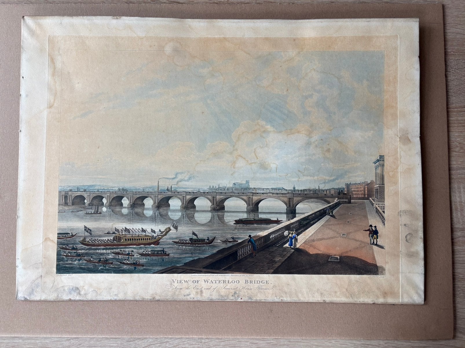 Aquatinte ancienne colorée « Vue du pont de Waterloo », 1818, Antiquités & Art, Aquarelle, Enlèvement, Paysage urbain / rural