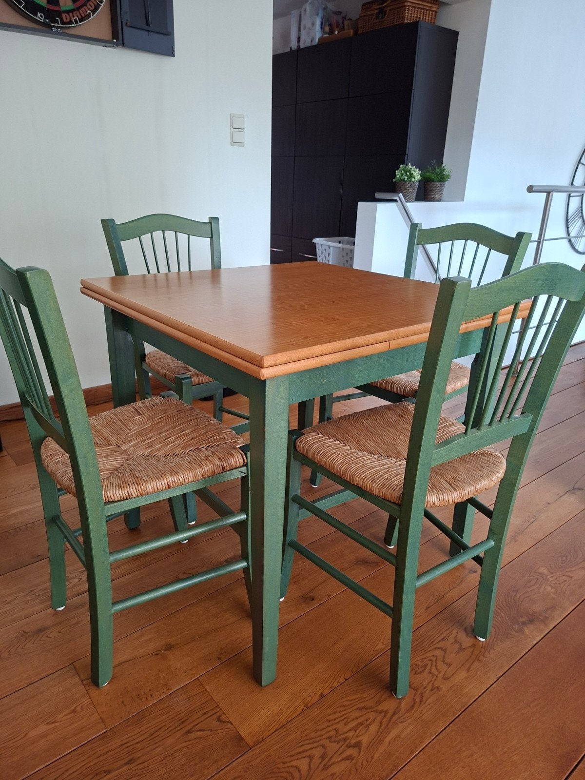 Landelijke / Vintage eethoek – Verlengbare houten eettafel m, Enlèvement, Utilisé, Landelijk / vintage, 4 à 6 chaises