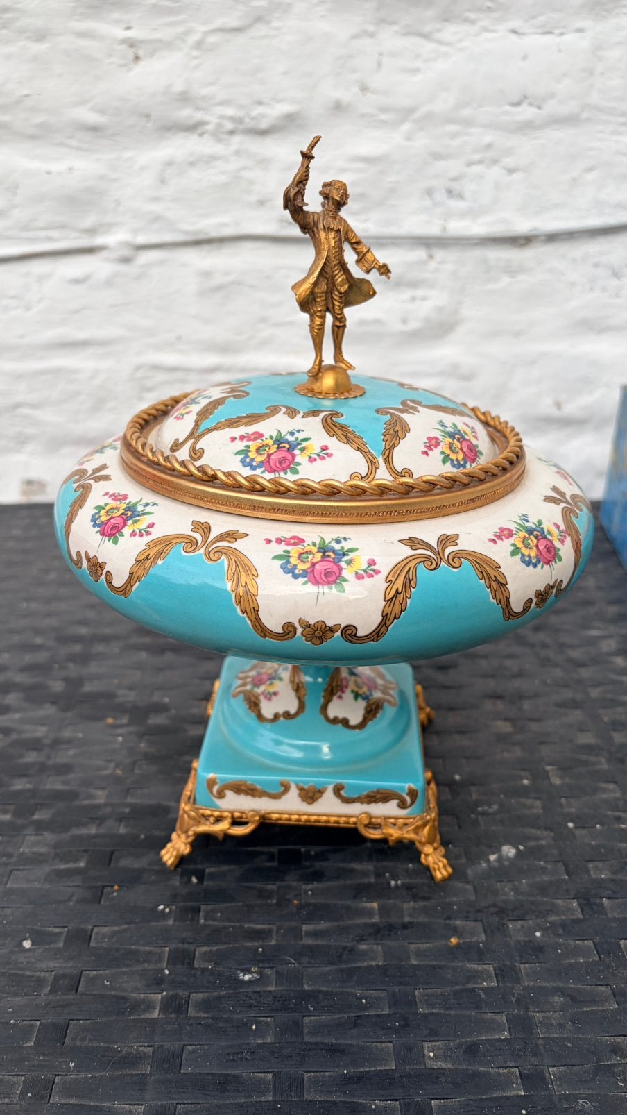 Bonbonnière Limoges sur pied - turquoise fleurs - bronze, Enlèvement