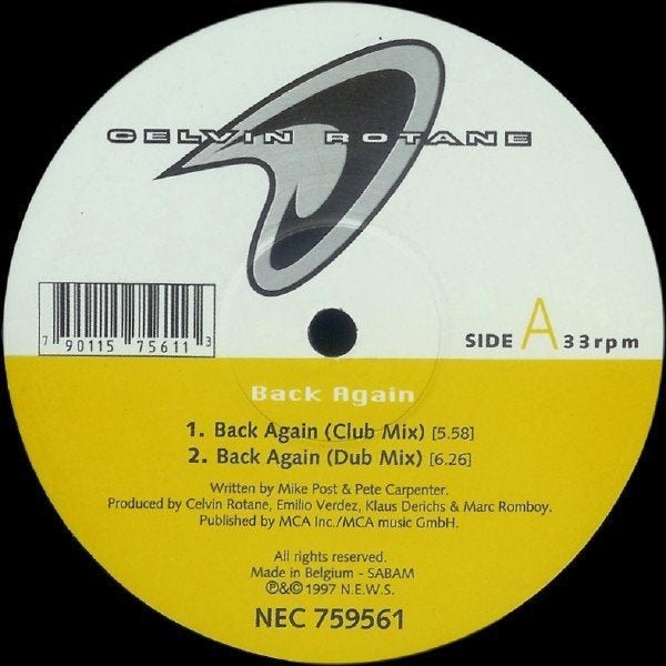 Celvin Rotane - Back Again / Theme From Magnum, Cd's en Dvd's, Ophalen of Verzenden, Gebruikt, 12 inch, Trance