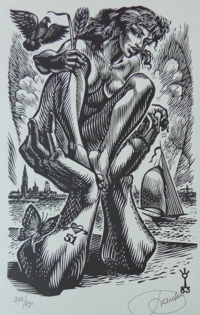 FRANK-IVO VAN DAMME / ALLEGORIE / ZW-W HOUTSNEDE / 36x26cm, Antiquités & Art, Art | Lithographies & Sérigraphies, Signé, Enlèvement ou Envoi