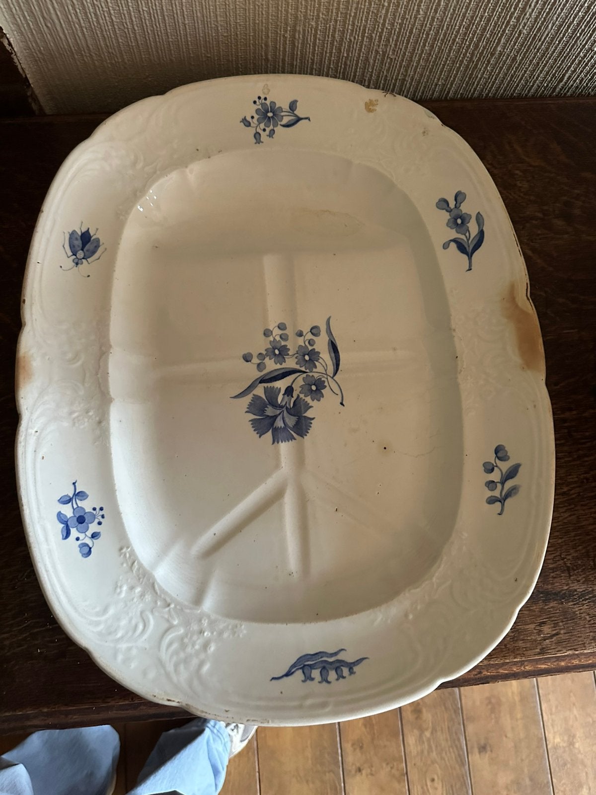 Antieke ovale serveerschaal –blauw/wit bloemendecor –vintage, Ophalen