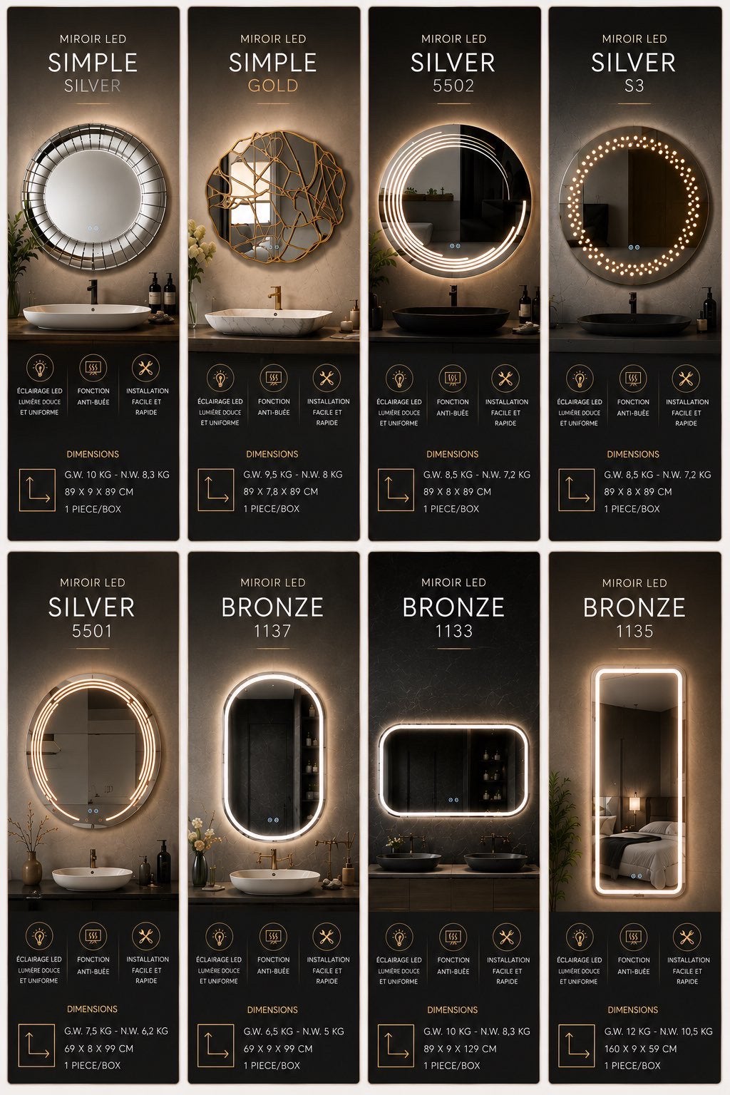 MIROIRS LED DESIGN – 55€ PIÈCE, Huis en Inrichting, Badkamer | Badkamermeubels, Ophalen