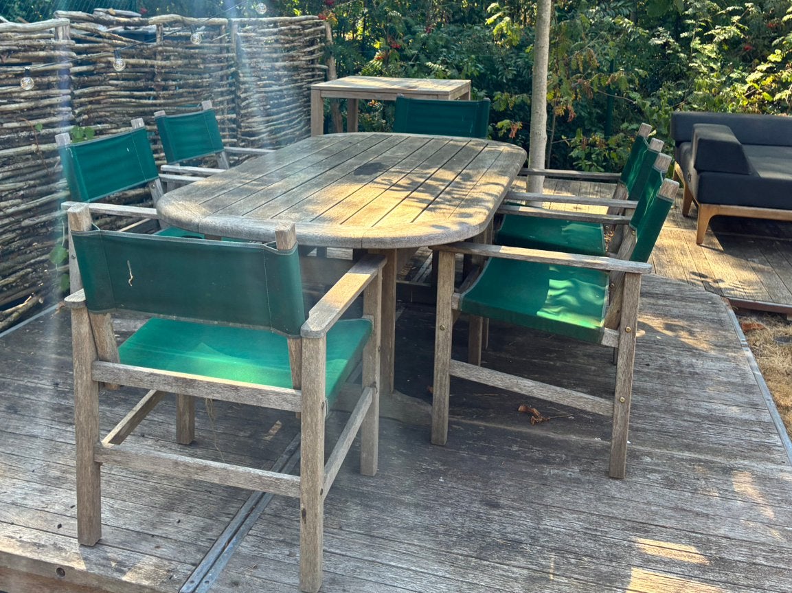 Gebruikte, ruime, merbau tuintafel + zes loungestoelen, Enlèvement, Comme neuf
