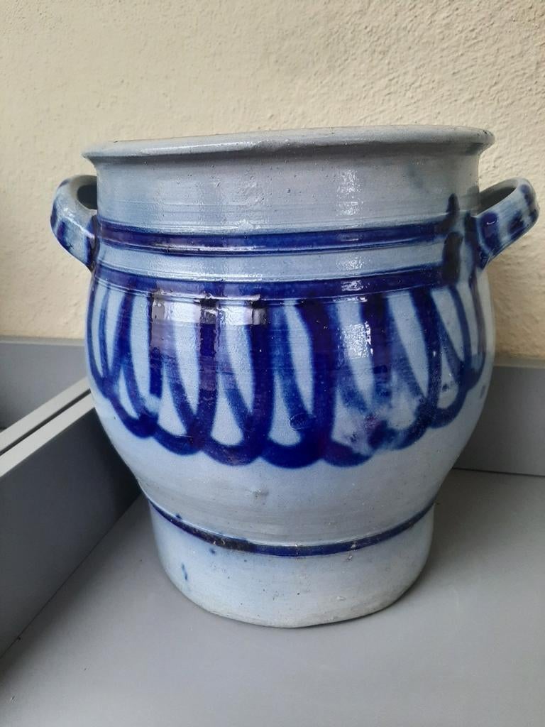 Bloempot van oude boterton Blauw H 24cm Opening: 17,5 cm, Ophalen, Gebruikt, Rond, Minder dan 40 cm