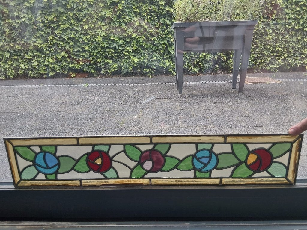 Loodglas paneel 1930-1950 13.5x72cm bloemmotief, Antiek en Kunst, Antiek | Glaswerk en Kristal, Ophalen of Verzenden